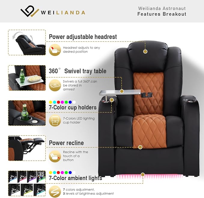 Weilianda Home Theater Seating Top Grain Leather Zero Gravity Recliner Chair Power Headrest Recline Movie Seat Gaming 7 Colors Mood Light Sofa with Tray Table Row of 3 Black Camel