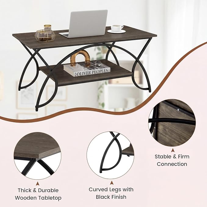 Giantex 2-Tier Coffee Table with Storage, 39.5" Wood Center Table with Open Storage Shelf & Black Finished Metal Frame, Industrial Living Room Table for Small Spaces (Grey Oak)