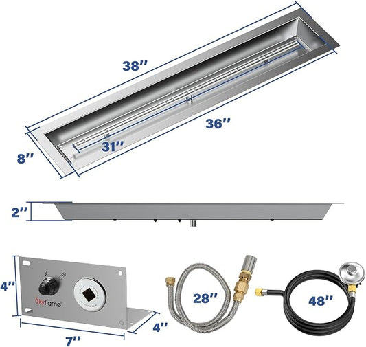Skyflame 36 x 6 Inch Liner Fire Pit Pan Kit, Stainless Steel Drop-in Fire Pit Pan and Burner, Come with Spark Ignition and Propane Hose, Indoor/Outdoor Fire Table DIY Decorative