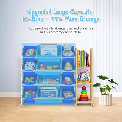 Kids Toy Storage Organizer with Bookshelf – Wooden Shelf with 12 Bins & 3 Shelves, Quick Assembly Storage Rack for Playroom, Bedroom, Nursery– Blue
