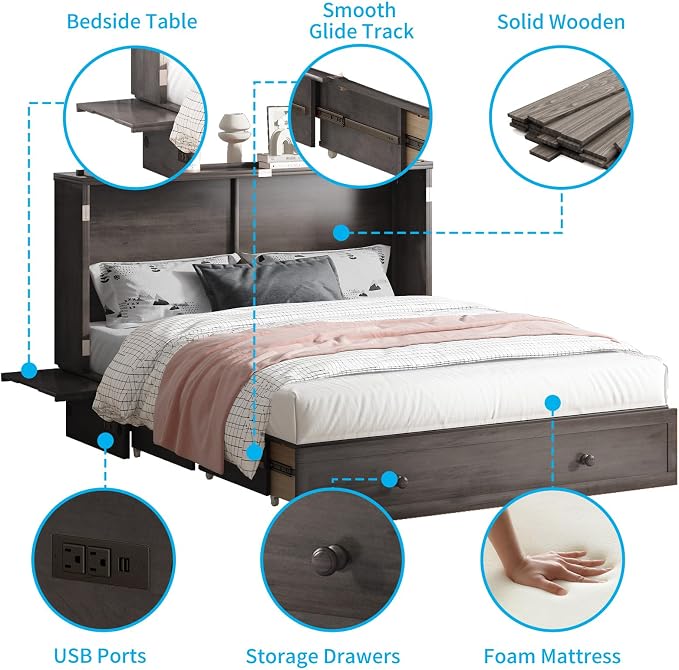 PUREMIND Queen Murphy Bed with Mattress Included, Murphy Cabinet Bed with Storage Drawer, Built-in Charging Station, Solid Wood Frame, Space-Saving Cabinet Beds for Small Spaces/Guest Room (Gray)