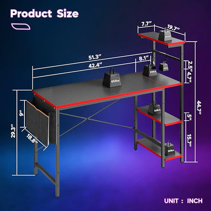Bestier Gaming Desk with LED Lights, 51.3 Inch Computer Desk with 4 Tiers Reversible Shelves, Gamer Desk with Side Storage Bag, Hooks and Height Adjustable Shelf (Black Carbon Fiber)