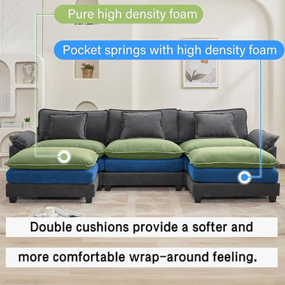 Oprisen 120" Modular Sectional Sofa, Comfy Cloud Couch Sectional Sofa with Ottoman, Chenille Sofa Sleeper Deep Seat Sofa with Throw Pillows for Living Room (Blue Gray, 120"- U Shape)