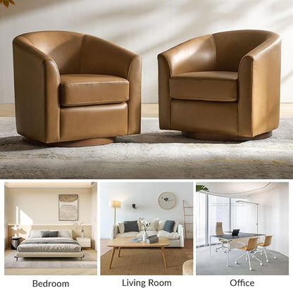HULALA HOME Genuine Leather Swivel Barrel Chair, Round Swivel Accent Chair with Solid Wood Base, No Assembly Required, Camel