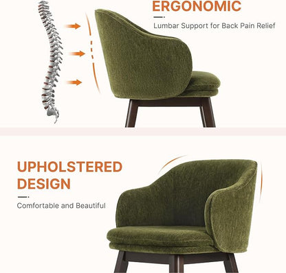 KISLOT Wooden Dining Chairs Set of 2, Fabric Upholstered Modern Dining Room Chairs with Barrel Backrest & Double-Layer Thick Cushion for Living Room, Restaurant, Kitchen and Café, Green