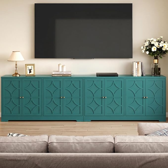 RoyalCraft 112'' Sideboard Buffet Cabinet with Storage, Modern Sideboard with 4 Carved Doors and Adjustable Shelves, Large Wood Coffee Bar Console Table for Kitchen, Dining Room, Turquoise Blue