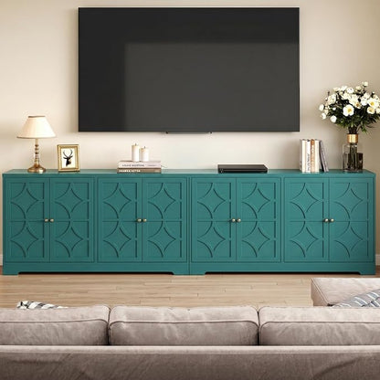 RoyalCraft 112'' Sideboard Buffet Cabinet with Storage, Modern Sideboard with 4 Carved Doors and Adjustable Shelves, Large Wood Coffee Bar Console Table for Kitchen, Dining Room, Turquoise Blue