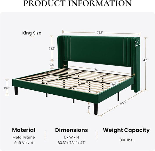 SHA CERLIN King Size Velvet Upholstered Platform Bed Frame with Vertical Channel Tufted Wingback Headboard, Wooden Slats Support, Easy Assembly, Under Bed Storage, No Box Spring Required, Green