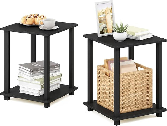 Furinno SIMPLISTIC Side Table Set of 2, 2-Tier Square Modern End Table, Nightstand, Night Stand, Bedside Table, Toolless Assembly, for Living Room, Bedroom, Americano