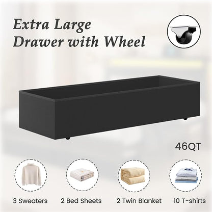 HISOFT Twin Bed Frame with Storage, Wood Headboard with Fast Charging Station, LED Lights, Platform Bed Frame Twin Size, Fabric Drawers with Wheels, No Box Spring Needed, Noise Free, Classic Black