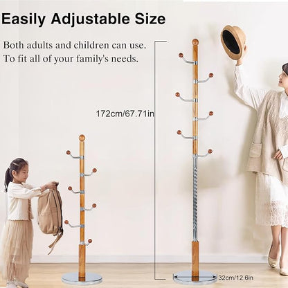 Wooden Coat Rack Freestanding, Hall Tree Hanger With Resin Hooks, Adjustable Heavy Duty Coat Rack for Hanging Clothes Bags Hats in Living Room Bedroom (coat rack, metal-Walnut color)