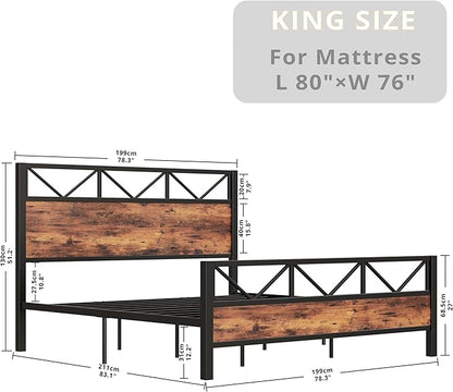 LIKIMIO King Bed Frame, Tall Industrial Headboard 51.2 ", Platform Bed Frame with Strong Metal Support, Solid and Stable, Noise Free, No Box Spring Needed, Easy Assembly, Vintage Brown