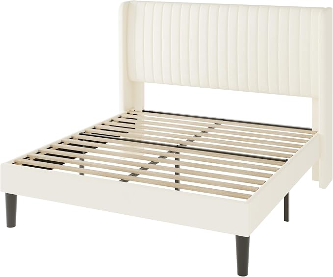 Allewie Queen Size Velvet Bed Frame/Vertical Channel Tufted Wingback Headboard/Upholstered Platform Bed/Strong Wooden Slats/No Box Spring Needed/Easy Assembly/Cream White