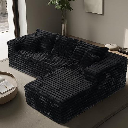 2" Corduroy Boneless Couches for Living Room, L Shape Sofa with Chaise | 102.4" Modular Sectional Sofa, Cloud Couch Sectional with Deep Seat, No Assembly, Black, Right Chaise