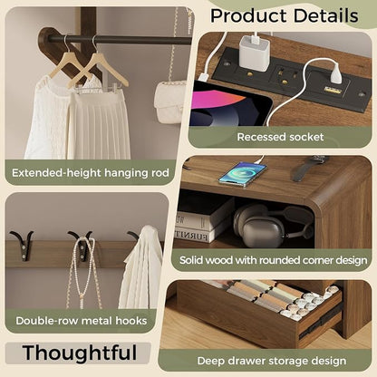 Messenya Mid Century Modern Bedroom Nightstand with Clothes Rack and Hooks | Bedside Table with Hanging Rod, 6 Storage Hooks, Charging Station, Dual Drawers, Rounded Corner, Open Shelf, Walnut Finish