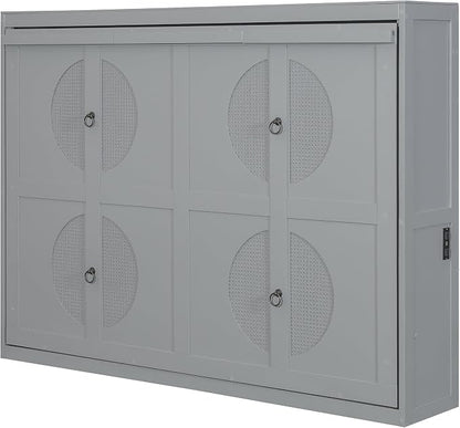 Ball & Cast Murphy Bed Full Size,Wall Beds with Charging Station and Storage Top,Slat Support,Wood Hideaway Cabinet Bedframe w/Leg,can be Folded,Space-Saving,for Small Room,Dorms,Gray