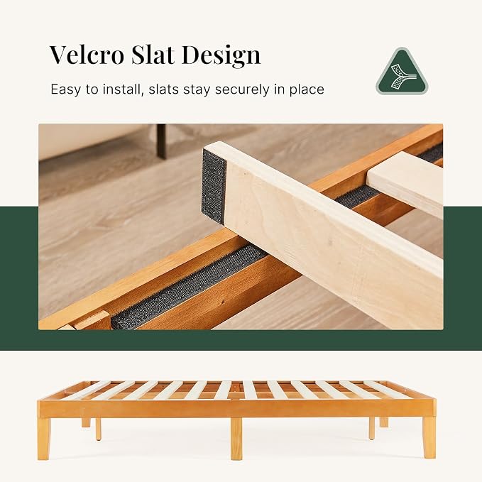 Sweetcrispy King Size Bed Frame 12 inch Heavy Duty Platform Bedframe, 1000 lbs Capacity, Underbed Storage, No Box Spring Needed, Wooden Slats, Easy Assembly with Velcro, Honey Finish