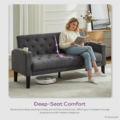 TYBOATLE 62" W Loveseat Sofa w/ 2 USB Charger Ports and 2 Cupholders, Mid-Century Modern Tufted Linen Fabric Small Love Seat Couches for Compact Living Room, Bedroom, Apartment, Dorm (1, Dark Grey)