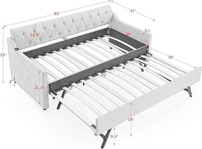 KEIKI Twin Size Upholstery Daybed with Trundle and USB Charging Design, Twin to King Design Mid-Century Extendable Sofa Bed, Easy Assembly, No Box Spring Required, for Living Room and Bedroom, Grey