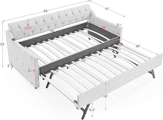 KEIKI Twin Size Upholstery Daybed with Trundle and USB Charging Design, Twin to King Design Mid-Century Extendable Sofa Bed, Easy Assembly, No Box Spring Required, for Living Room and Bedroom, Grey