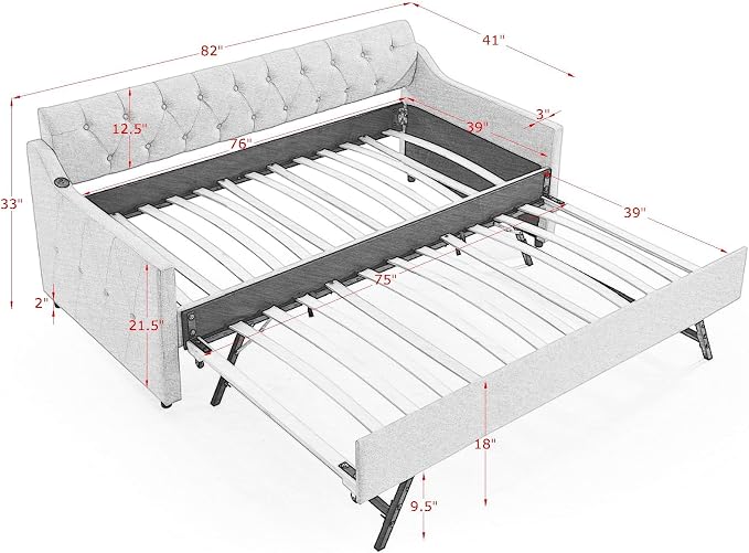 KEIKI Twin Size Upholstery Daybed with Trundle and USB Charging Design, Twin to King Design Mid-Century Extendable Sofa Bed, Easy Assembly, No Box Spring Required, for Living Room, Bedroom, Dark Grey