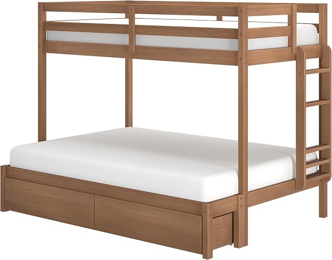 Grain & Grove Bear Twin Over Full Bunk Bed with Storage Drawers, Sturdy Bunk Bed Frame for Kids, Plywood Bunk with Ladder, Guardrail, and Slats, No Box Spring Required, Oak Embossed Pecan