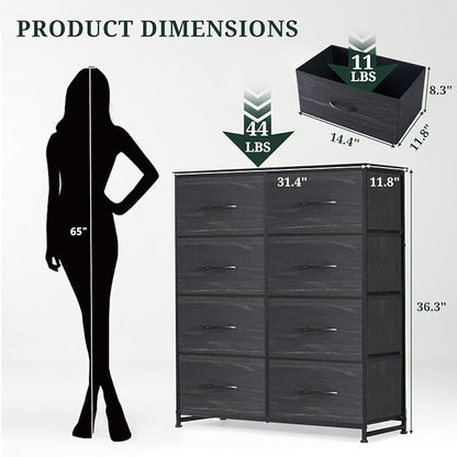 8-Drawer Dresser for Bedroom, Anti-Tip Tall Storage Organizer Chest of Drawers with Wooden Top and Metal Frame Fabric Bins for Closet, Living Room, Hallway, Entryway, Charcoal Black