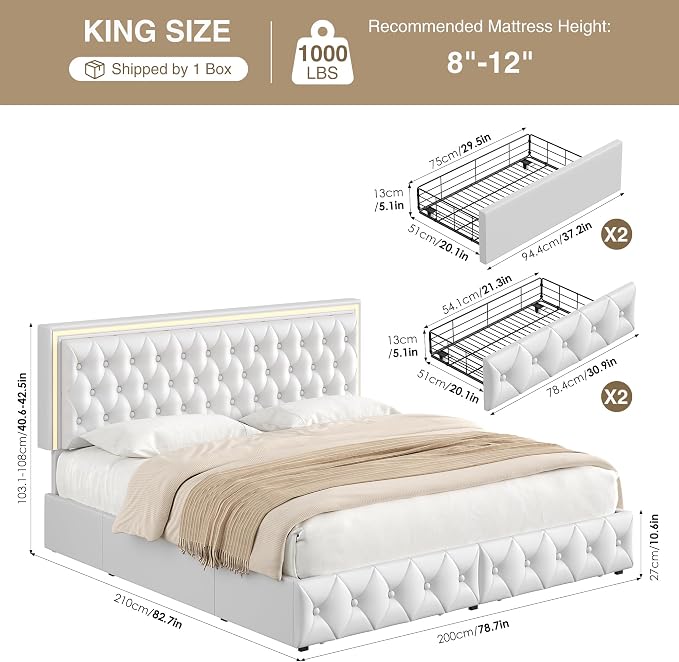 Keyluv King Size LED Bed Frame with 4 Storage Drawers and Adjustable Headboard, PU Leather Upholstered Button Tufted Modern Platform Bed, Solid Wooden Slats Support, Easy Assembly, White