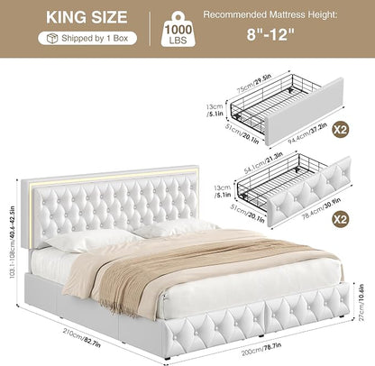Keyluv King Size LED Bed Frame with 4 Storage Drawers and Adjustable Headboard, PU Leather Upholstered Button Tufted Modern Platform Bed, Solid Wooden Slats Support, Easy Assembly, White