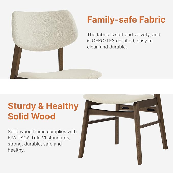 KISLOT Wooden Dining Chairs Set of 2, Upholstered Modern Dining Room Chairs, Solid Oak Wood Kitchen Chairs with Soft Cushion Backrest for Farmhouse, Restaurant, Café (Cream Fabric & Walnut Color)
