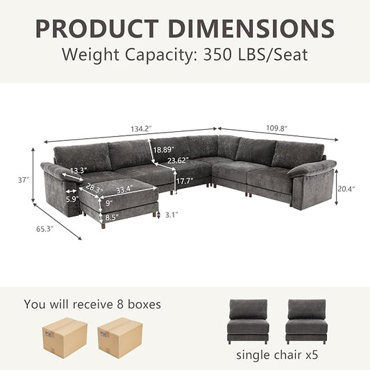 Oversized Modular Cloud Couch with Removable Washable Cover, L/V-Shaped Sectional for Large Living Room, Plush Chenille & Deep Seat（Grey）