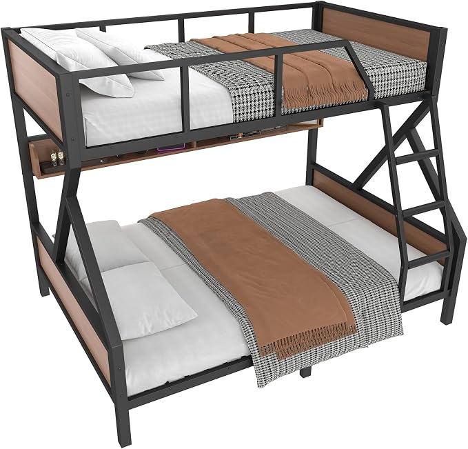 KEIKI Full Over Queen Bunk Bed, Heavy Duty Metal Bunkbed with Storage Shelves, Lights, Bottom Space & Guardrail for Aldults Dorm Bedroom Guest Room, No Box Spring Needed, Noise-Free Design