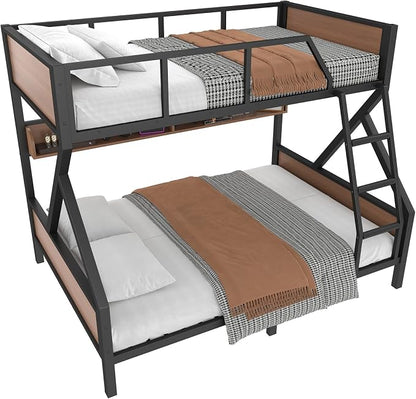 KEIKI Full Over Queen Bunk Bed, Heavy Duty Metal Bunkbed with Storage Shelves, Lights, Bottom Space & Guardrail for Aldults Dorm Bedroom Guest Room, No Box Spring Needed, Noise-Free Design