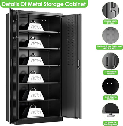 Metal Storage Cabinets with 2 Doors and 5 Adjustable Shelves, 71" H Lockable Garage Storage Cabinet with Pegboard and Hooks, File Cabinet with Lock for Office, Home, Garage, Black