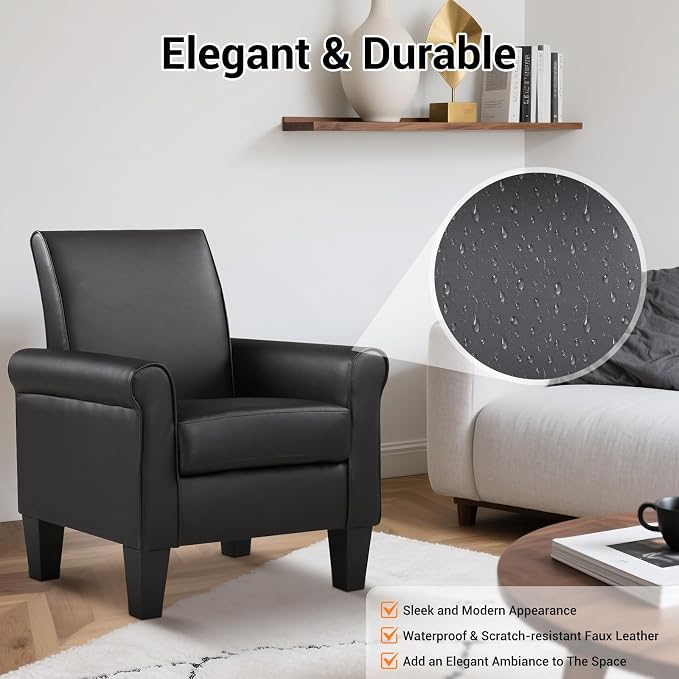 Modern Faux Leather Accent Chair, Upholstered Living Room Armchairs Comfy Single Sofa Chair for Bedroom, Waiting Room-Black