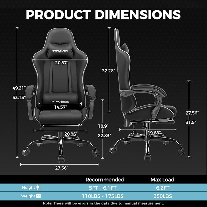 GTPLAYER Gaming Chair with Footrest, Computer Chair with and Lumbar Support, Height Adjustable Game Chair with 360°-Swivel Seat and Headrest and for Office or Gaming (All Black-Fabric)