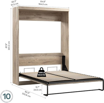 Bestar Pur Queen Size Murphy Bed in Rustic Brown, 65-inch Space-Saving Sleeping Arrangement for Multipurpose Area, Bedroom, Guest Room, or Living Room