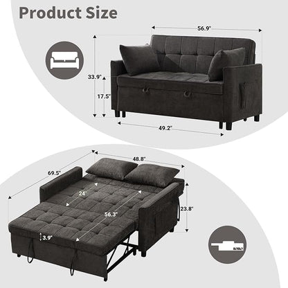 Tbfit 57" Convertible Sofa Bed, Chenille Futon Sleeper Sofa Couch with Pullout Bed, USB & Adjustable Backrest, Full Size Pull Out Loveseat Couches for Living Room, Apartment, Office, Dorm, Dark Grey