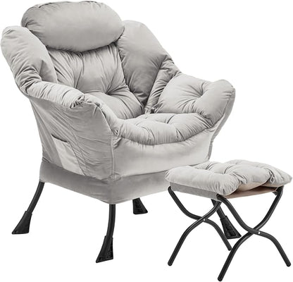 Youtanic Lazy Chair with Folding Ottoman, Accent Chair Velvet Upholstered with Metal Structure and Non-Slip Pads, Sofa Armchair with Footrest and Side Storage Bag for Dorm, Room, Office, Light Gray