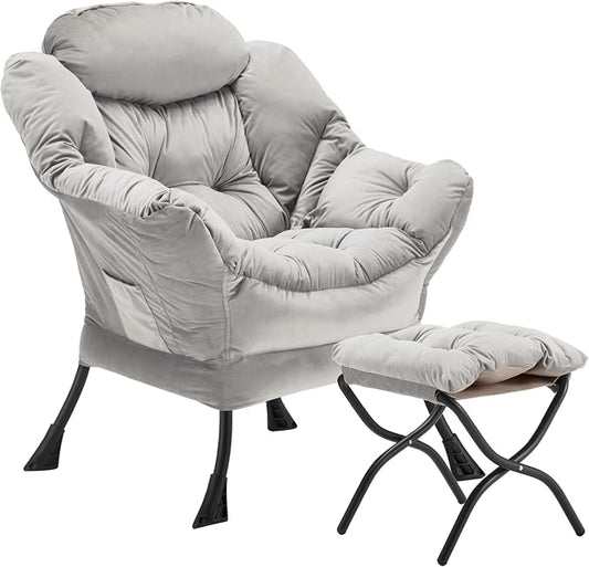 Youtanic Lazy Chair with Folding Ottoman, Accent Chair Velvet Upholstered with Metal Structure and Non-Slip Pads, Sofa Armchair with Footrest and Side Storage Bag for Dorm, Room, Office, Light Gray