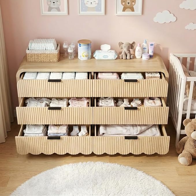 59" Scalloped Dresser for Nursery,Fluted 6 Drawer Wooden Dressers,Boho Long Dresser for Bedroom Kids Room, Living Room