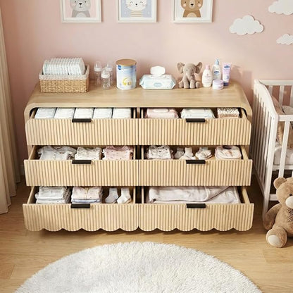 59" Scalloped Dresser for Nursery,Fluted 6 Drawer Wooden Dressers,Boho Long Dresser for Bedroom Kids Room, Living Room