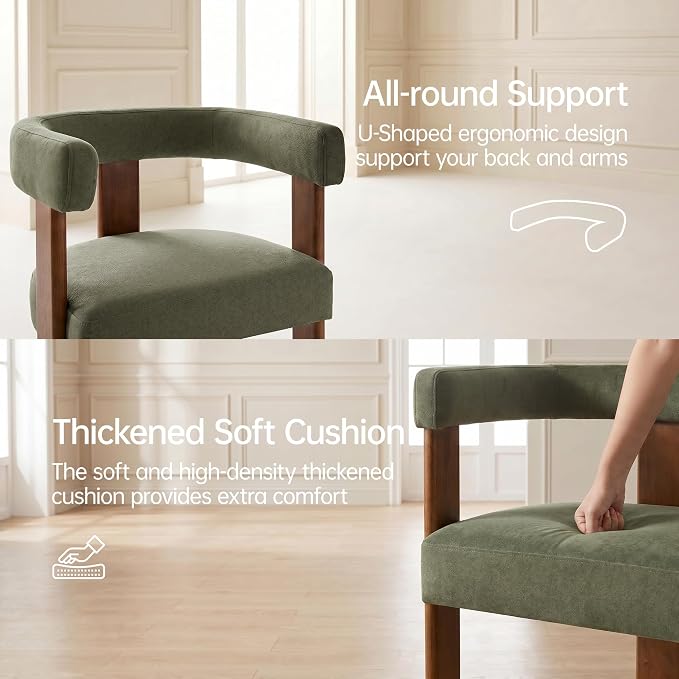 Usaint Wooden Barrel Dining Chairs Set of 2, Mid-Century Modern Upholstered Dining Room Chairs with Walnut Wood Legs and Loop Back, Comfy Accent Arm Chair for Dining Room, Kitchen, Living Room, Green