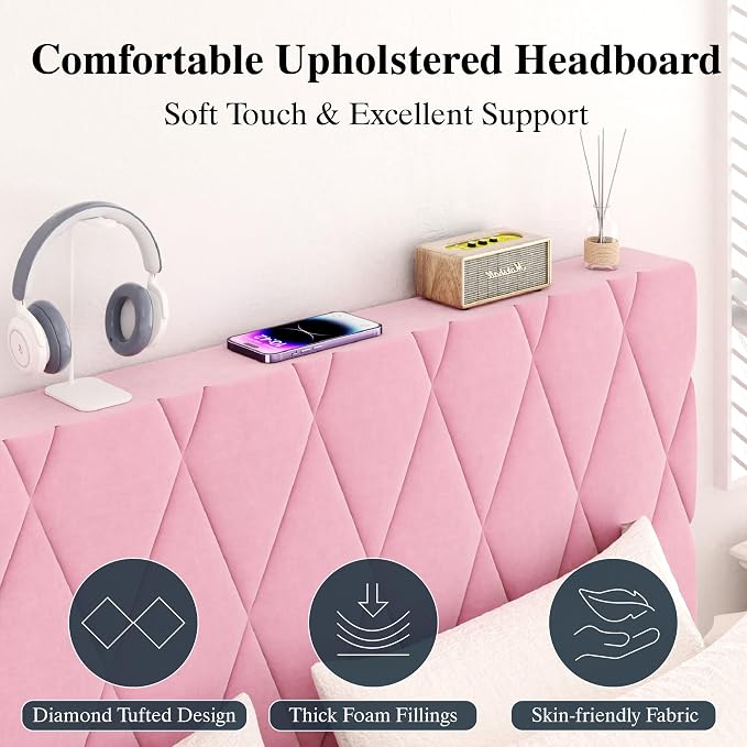 CXVX Queen Size Bed Frame with Diamond Tufted Headboard, Velvet Upholstered Platform Bed and Wooden Slat Support, Noise-Free, No Box Spring Needed, Easy Assembly, Pink