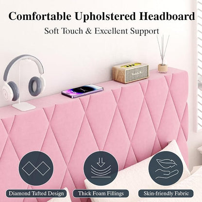 CXVX Queen Size Bed Frame with Diamond Tufted Headboard, Velvet Upholstered Platform Bed and Wooden Slat Support, Noise-Free, No Box Spring Needed, Easy Assembly, Pink