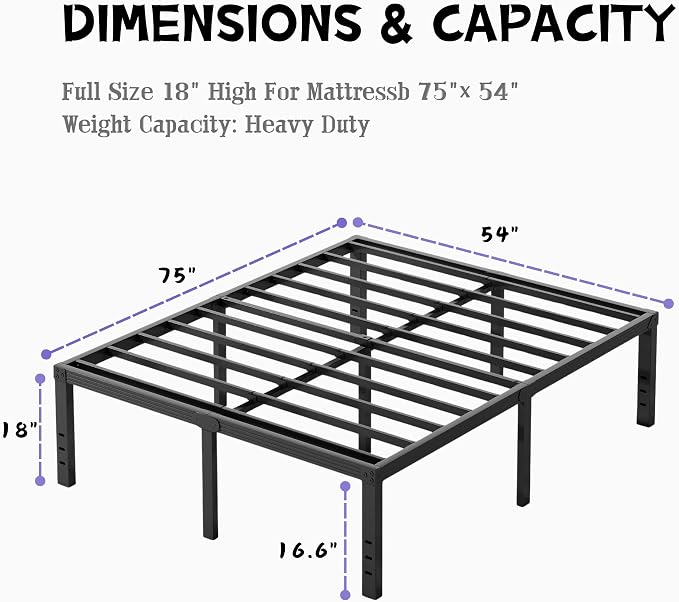 Furnitui 18 Inch High Metal Full Size Bed Frame, Platform Bed Frame Full Size No Box Spring Needed, Easy Assembly, Noise Free, Sturdy, Black