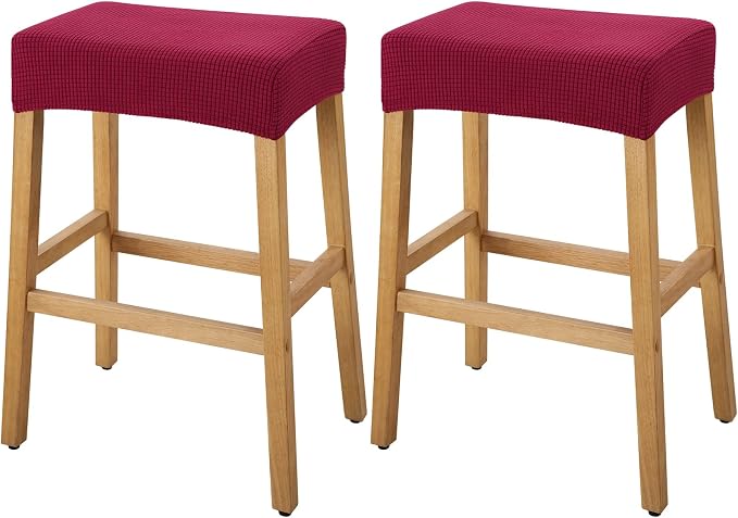 YISUN Stool Covers Rectangle - 2 Pack Stretch Waterproof Saddle Seat Cover Counter Bar Stools Bar Chairs Covers Kitchen Island Chairs Cushion Protector (2, Wine Red)