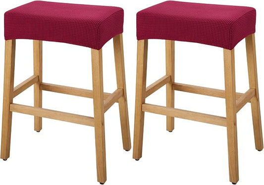YISUN Stool Covers Rectangle - 2 Pack Stretch Waterproof Saddle Seat Cover Counter Bar Stools Bar Chairs Covers Kitchen Island Chairs Cushion Protector (2, Wine Red)