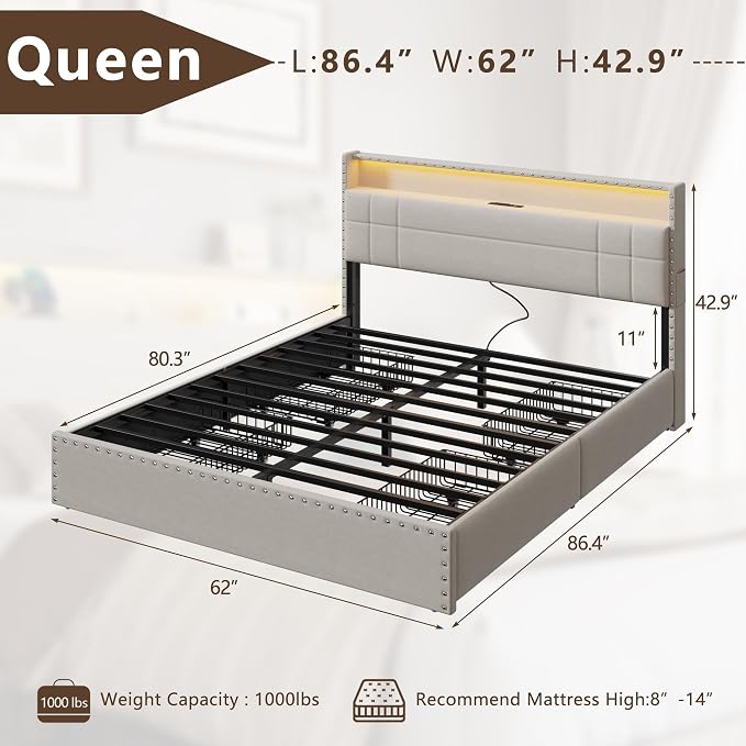 Forestell Queen Bed Frame with 4 Drawers and Storage Headboard, Upholstered Platform Bed Frame Queen Size with LED Lights and Charging Station, Metal Slats Support, No Box Spring Needed, Beige