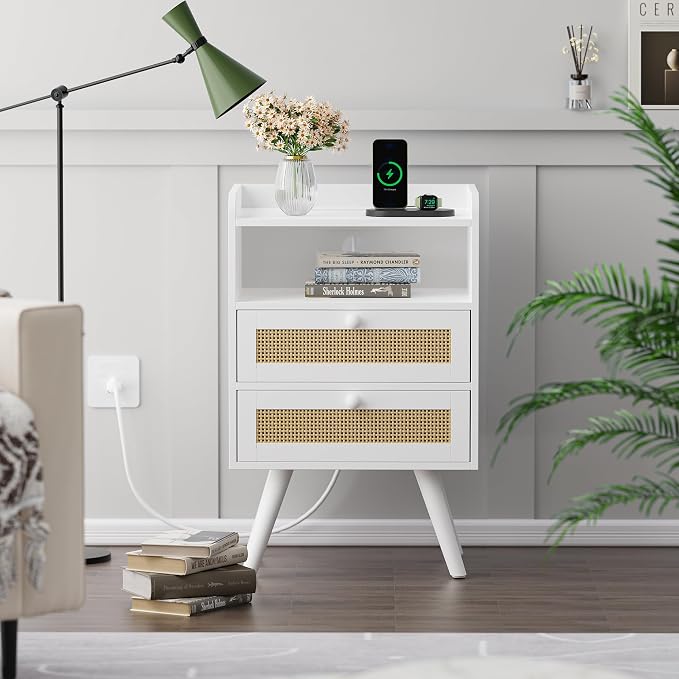SUPERJARE 2 Drawer Night Stand with Charger Station, Boho Rattan Nightstand Set of 2, 25.2 Inch Tall Bed Side Table with Solid Wood Feet, End Table, Open Storage, Synthetic Rattan, for Dorm, White